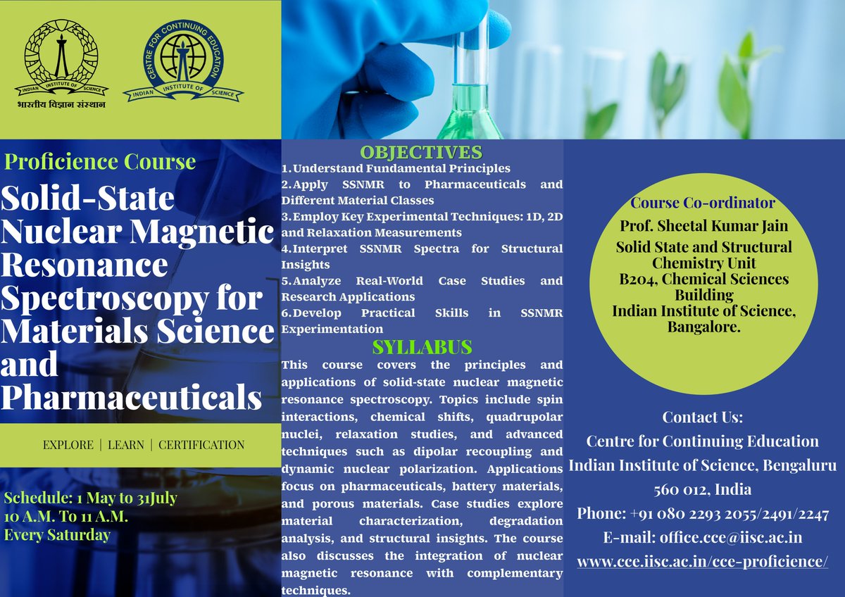 Enhance your expertise and gain valuable insights into advanced NMR techniques that are pivotal for characterizing complex materials and developing innovative pharmaceutical solutions.

Know more: cce.iisc.ac.in/cce-proficienc…

#IIScBangalore #NMR #NuclearMagneticResonance #SolidState