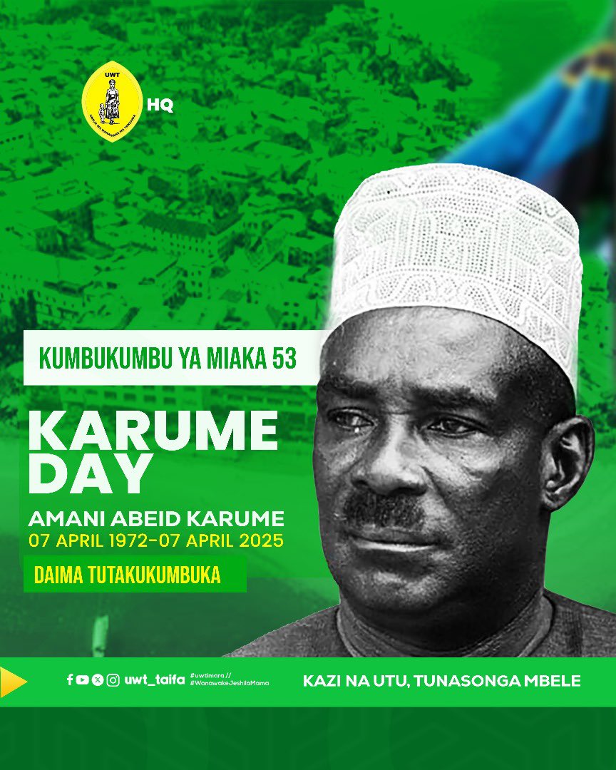 Asia Abdallah(BIBI) (@asiaabdallah16) on Twitter photo Naungana pamoja na Watanzania wote katika kumbukizi ya miaka 53 ya kifo cha Hayati Abeid Amani Karume!. Endelea kupumzika pema peponi Mzalendo na Mwanamapinduzi wa enzi 🇹🇿🙏🇹🇿<a href="/ikuluzanzibar/">Ikulu | Zanzibar</a> Naungana pamoja na Watanzania wote katika kumbukizi ya miaka 53 ya kifo cha Hayati Abeid Amani Karume!. Endelea kupumzika pema peponi Mzalendo na Mwanamapinduzi wa enzi 🇹🇿🙏🇹🇿<a href="/ikuluzanzibar/">Ikulu | Zanzibar</a>