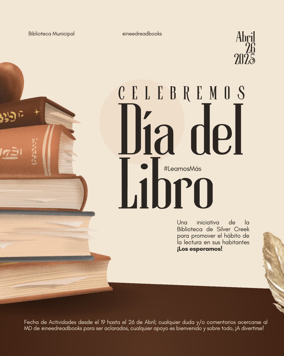 ineedreadbooks's tweet photo. ᅠᅠ

ㅤㅤㅤㅤㅤㅤㅤ  ﹀

ㅤ ¡𝐂𝐔𝐄́𝐍𝐓𝐀𝐌𝐄 𝐔𝐍𝐀 𝐇𝐈𝐒𝐓𝐎𝐑𝐈𝐀!
ㅤ ｡｡｡   &amp;&amp;. celebremos el día del 
ㅤㅤ         ﹙📚﹚  ㅤ𝑳𝑰𝑩𝑹𝑶

      𝑓𝑒𝑐𝘩𝑎: Desde el 19 al 26 de Abril.
ㅤ  𝑜𝑟𝑔𝑎𝑛𝑖𝑧𝑎: Biblioteca Municipal.
ㅤ ㅤㅤㅤ  #ㅤ𝐋𝐄𝐀𝐌𝐎𝐒𝐌𝐀́𝐒
 
⠀ https://t.co/qaOxa29XAI
