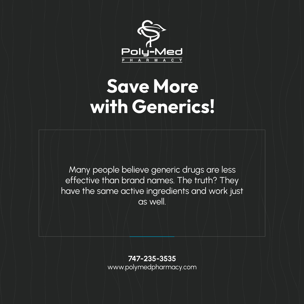 poly_med's tweet photo. Get the same trusted relief at a fraction of the cost! 

Generic medications offer the same quality as brands. Choose affordable care without compromise. 

#Pharmacy #NorthridgeCA #GenericVsBrand https://t.co/BUf56753Mb