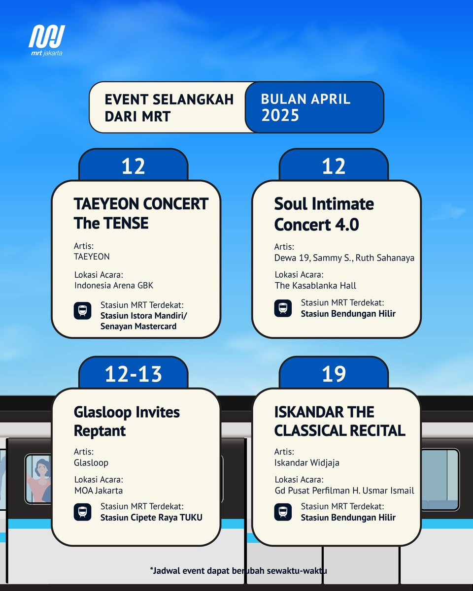 mrtjakarta's tweet image. Berbagai event seru selangkah dari MRT menanti kamu warga Jakarta untuk kembali!

Teman MRT, berbagai event musik seru akan hadir kembali di bulan April yang #PastiBisa kamu datangi karena lokasinya hanya selangkah dari Stasiun MRT.

Event di bulan ini sudah Marti rangkum untuk