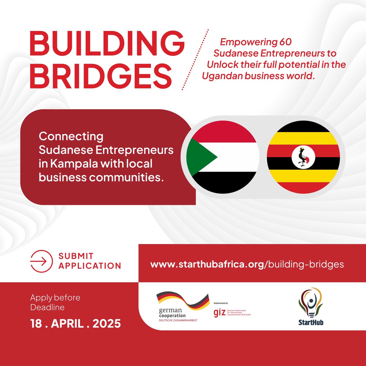 StartHubAfrica's tweet image. Are you a Sudanese entrepreneur in Kampala?

Join Building Bridges for training, mentorship &amp;amp; networking to grow your business and connect with Kampala’s business community!

👉Apply here: starthubafrica.org/building-bridg…

#BuildingBridges