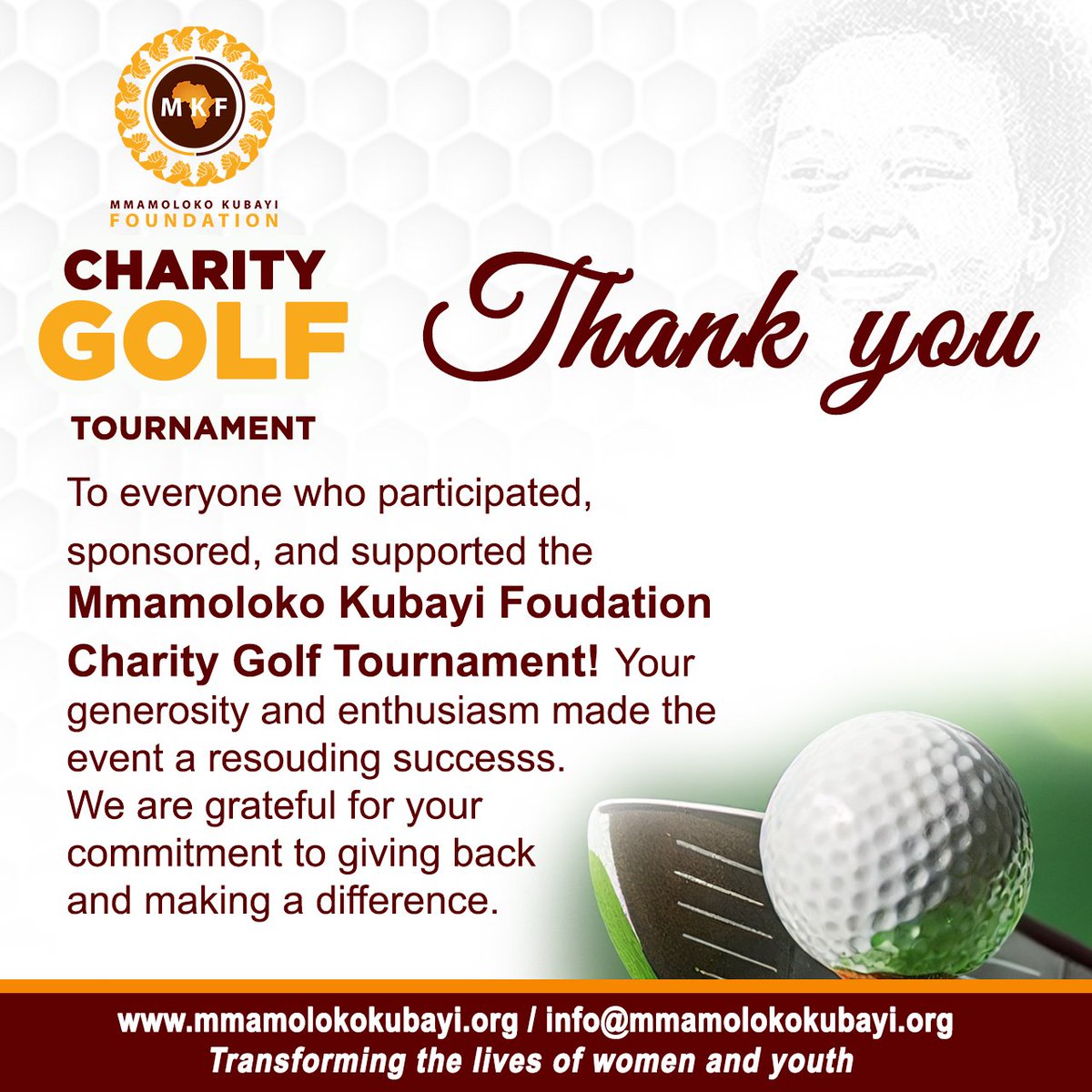 MKFoundation1_'s tweet photo. A HUGE THANK YOU!

To everyone who participated, sponsored, and supported the Mmamoloko Kubayi Foundation Charity Golf Tournament! Your generosity and enthusiasm made the event a resounding success!

We're grateful for your commitment to giving back and making a difference. https://t.co/nM9siRQy4L