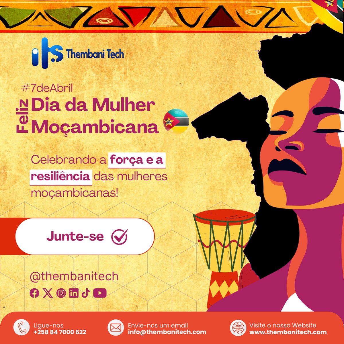 ThembaniTech's tweet image. Dia da Mulher Moçambicana
Na Thembani Tech, acreditamos no poder da tecnologia para elevar as mulheres empreendedoras. Parabéns a todas as mulheres moçambicanas!
#MulheresMoçambicanas #EmpoderamentoDigital #ThembaniTech