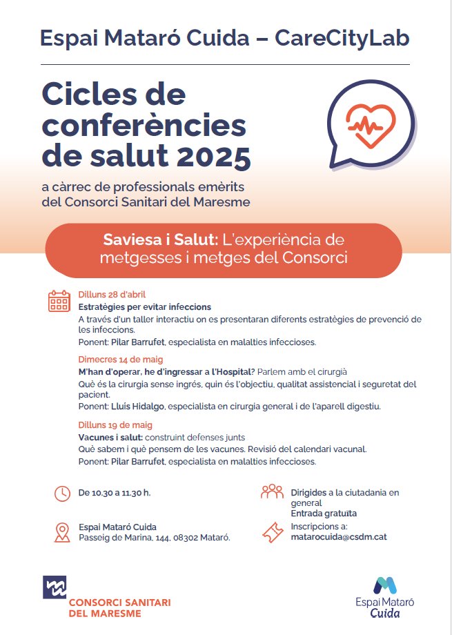 CareCityLab (@carecitylab) on Twitter photo Cicle de conferències #salut a càrrec de professionals emèrits <a href="/CSdMaresme/">Consorci Sanitari del Maresme</a>⌛️10:30h a 11:30h, gratuïtes. Apunta-t'hi a totes!
🔹28/04: Evitar infeccions 😷
🔹14/05: M'han d'operar, he d'ingressar?🏥
🔹19/05: Construint defenses junts💉
📨matarocuida@csdm.cat
📍Pg. Marina,144 Cicle de conferències #salut a càrrec de professionals emèrits <a href="/CSdMaresme/">Consorci Sanitari del Maresme</a>⌛️10:30h a 11:30h, gratuïtes. Apunta-t'hi a totes!
🔹28/04: Evitar infeccions 😷
🔹14/05: M'han d'operar, he d'ingressar?🏥
🔹19/05: Construint defenses junts💉
📨matarocuida@csdm.cat
📍Pg. Marina,144