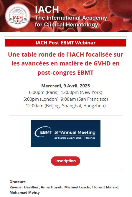 IACH (@theiach) on Twitter photo 📢Join us for the upcoming post #EBMT25 webinar in FRENCH
Une table ronde de l'IACH focalisée sur les avancées en matière de GVHD en post-congres EBMT
🗓️April 9, 2025
⏲️6pm CET
FREE registration
⬇️⬇️
us06web.zoom.us/webinar/regist…
<a href="/Mohty_EBMT/">Mohamad Mohty</a> <a href="/Florent_Malard/">Florent Malard</a> 📢Join us for the upcoming post #EBMT25 webinar in FRENCH
Une table ronde de l'IACH focalisée sur les avancées en matière de GVHD en post-congres EBMT
🗓️April 9, 2025
⏲️6pm CET
FREE registration
⬇️⬇️
us06web.zoom.us/webinar/regist…
<a href="/Mohty_EBMT/">Mohamad Mohty</a> <a href="/Florent_Malard/">Florent Malard</a>