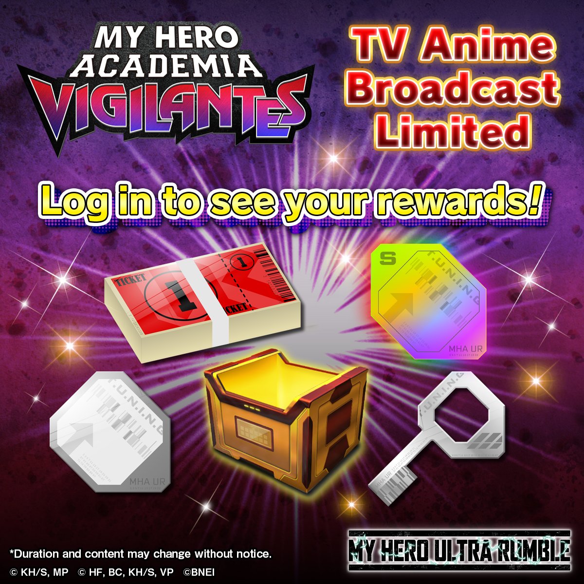 A whole lot of goodies is dropping your way!

Login every week after the new episode of My Hero Academia: Vigilantes and receive one random item from the selection in picture!

Get this week's reward before 4/9 7:59 PDT | 4/10 16:59 CEST
Keep the fun rolling with #MHUR!