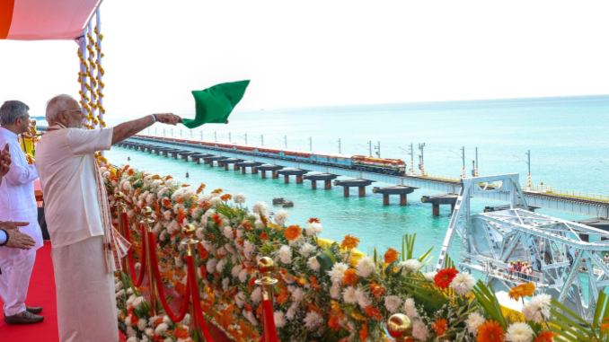 RailAnalysis's tweet photo. PM Modi inaugurates India’s first vertical lift New Pamban rail-cum-sea bridge in Tamil Nadu
Read more: https://t.co/86eTAyY5oP
#Pambanbridge #Railbridge #Verticalliftbridge #Transformingtamilnadu #Inaugration #Infrastructure #Flagsoff #Indianrailways #Railanalysis https://t.co/XuDodjn45X