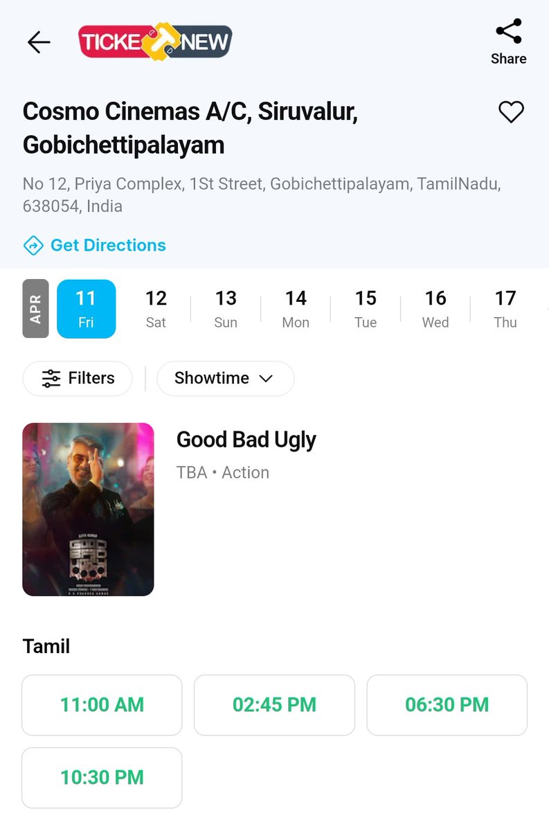Cosmo Cinemas Siruvalur (@siruvalur_cosmo) on Twitter photo #GoodBadUgly
BOOKINGS OPEN NOW‼️💥
<a href="/Siruvalur_Cosmo/">Cosmo Cinemas Siruvalur</a> A/C | 2K DOLBY 7.1
FDFS @ 09:30 AM
Online <a href="/TicketNew/">TicketNew</a> <a href="/lifeindistrict/">District</a>🎟️
<a href="/Haricosmo/">HARI</a>
#Ajithkumar𓃵 <a href="/trishtrashers/">Trish</a>
<a href="/Adhikravi/">Adhik Ravichandran</a> @romeopictures_
<a href="/mynameisraahul/">raahul</a> <a href="/MythriOfficial/">Mythri Movie Makers</a>
<a href="/TFC_mass/">AJITH FANS COMMUNITY</a> <a href="/TrollywoodX/">Trollywood 𝕏</a>
<a href="/ajithFC/">Ajith</a> <a href="/Ak_Trends/">AK TRENDS</a>
<a href="/siddhu_viva/">CineMinds</a> #GoodBadUgly
BOOKINGS OPEN NOW‼️💥
<a href="/Siruvalur_Cosmo/">Cosmo Cinemas Siruvalur</a> A/C | 2K DOLBY 7.1
FDFS @ 09:30 AM
Online <a href="/TicketNew/">TicketNew</a> <a href="/lifeindistrict/">District</a>🎟️
<a href="/Haricosmo/">HARI</a>
#Ajithkumar𓃵 <a href="/trishtrashers/">Trish</a>
<a href="/Adhikravi/">Adhik Ravichandran</a> @romeopictures_
<a href="/mynameisraahul/">raahul</a> <a href="/MythriOfficial/">Mythri Movie Makers</a>
<a href="/TFC_mass/">AJITH FANS COMMUNITY</a> <a href="/TrollywoodX/">Trollywood 𝕏</a>
<a href="/ajithFC/">Ajith</a> <a href="/Ak_Trends/">AK TRENDS</a>
<a href="/siddhu_viva/">CineMinds</a>