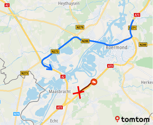 ANWBverkeer's tweet photo. Ongeluk op de #A73 Nijmegen ► Maasbracht. Even voor knp. Het Vonderen is de weg DICHT.

Omrijden kan via de #N280, #N273 en #A2. https://t.co/qoy86uzNy2