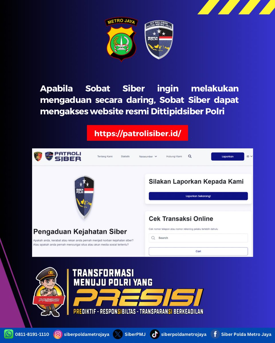 WASPADA PENIPUAN! AKUN FAKE MENGATASNAMAKAN SIBER POLRI🚨  

Saat ini marak akun media sosial palsu yang mengaku sebagai Siber Polri dengan modus menawarkan bantuan pengembalian dana atau layanan pelaporan via DM. Jangan mudah percaya!