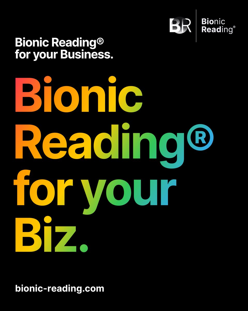 bionicreading's tweet image. Your Biz is unique. Bionic Reading® is unique. And that’s a good thing🌈
➔BR Fonts.
➔BR Publisher.
➔BR API Licensing.
➔BR for Self-Publisher.
➔BR IP Licensing.
➔BR Volume Licensing.

Get your Bionic Reading® now
👉bionic-reading.com

—
Bionic Reading®
Made in🇨🇭
—
#adhd