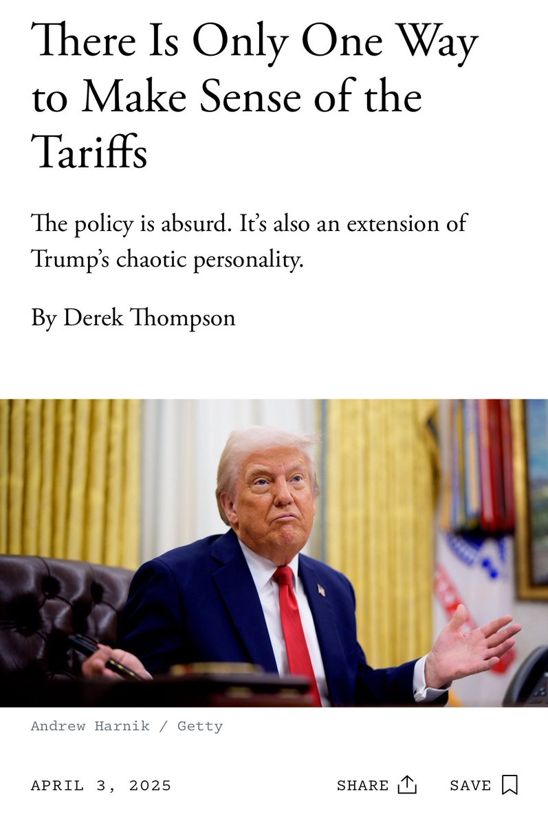 ferntrino's tweet image. 这才是像样的媒体写出来的东西。什么狗屁混账大棋根本不存在。一切仅仅只是荒谬，『同时也是特朗普混乱人格的延伸』。

作者在这篇里还写道：『…川普对非洲国家莱索托征收的关税率高达50%，是所有国家中最高的税率之一，而该国普通公民的日均收入还不到5美元。…