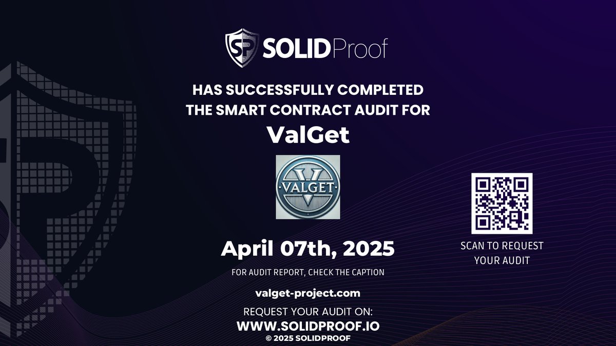 solidproof_news's tweet image. We have finished the smart contract audit process for @VALGET_PROJECT🛡️

📷Check our findings and security score here:
app.solidproof.io/projects/valget

Need a Smart contract audit, KYC or development support? Send us a message, our sales team will gladly make a customized offer for you!…