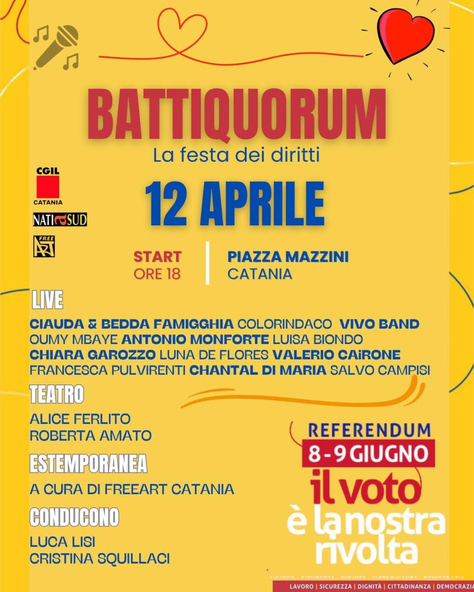 CGILCatania's tweet photo. 🟥 Cgil e il #referendum8e9giugno

“BATTIQUORUM – La festa dei diritti”: musica, teatro e partecipazione civile a Catania il 12 aprile dalle 18  in piazza Mazzini 

✊🏻All’insegna dello slogan “Il voto è la nostra rivolta”

https://t.co/lBrUGNale3 https://t.co/S0GCGIojLs