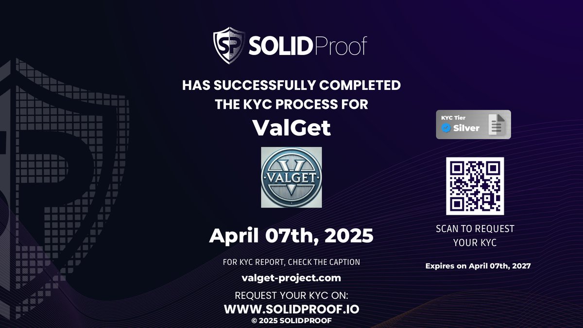 solidproof_news's tweet image. We have finished the KYC process for @VALGET_PROJECT🛡️
Well deserved KYC Silver Tier!

Check the security score here: app.solidproof.io/projects/valget

Need a Smart contract audit, KYC or development support? Send us a message, our sales team will gladly make a customized offer for you!…