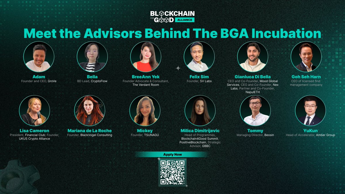 Blockchain for Good Alliance (BGA) (@chainforgood) on Twitter photo 🌟 Meet the brilliant minds guiding our BGA Incubation Program!
• <a href="/AdamFlinter/">Adam</a>, Founder and CEO of GroVe
• <a href="/Bella73201770/">Bella</a>, CryptoFlow BD Lead
• <a href="/bytesbybree/">bree.sol📍 🥟</a>, Founder Advocate & Consultant at The Verdant Room
• <a href="/felixsim/">Felix Sim</a>, Founder of SV Labs
• <a href="/GianlucaDiBell9/">gdbmood.eth</a>, CEO and 🌟 Meet the brilliant minds guiding our BGA Incubation Program!
• <a href="/AdamFlinter/">Adam</a>, Founder and CEO of GroVe
• <a href="/Bella73201770/">Bella</a>, CryptoFlow BD Lead
• <a href="/bytesbybree/">bree.sol📍 🥟</a>, Founder Advocate & Consultant at The Verdant Room
• <a href="/felixsim/">Felix Sim</a>, Founder of SV Labs
• <a href="/GianlucaDiBell9/">gdbmood.eth</a>, CEO and