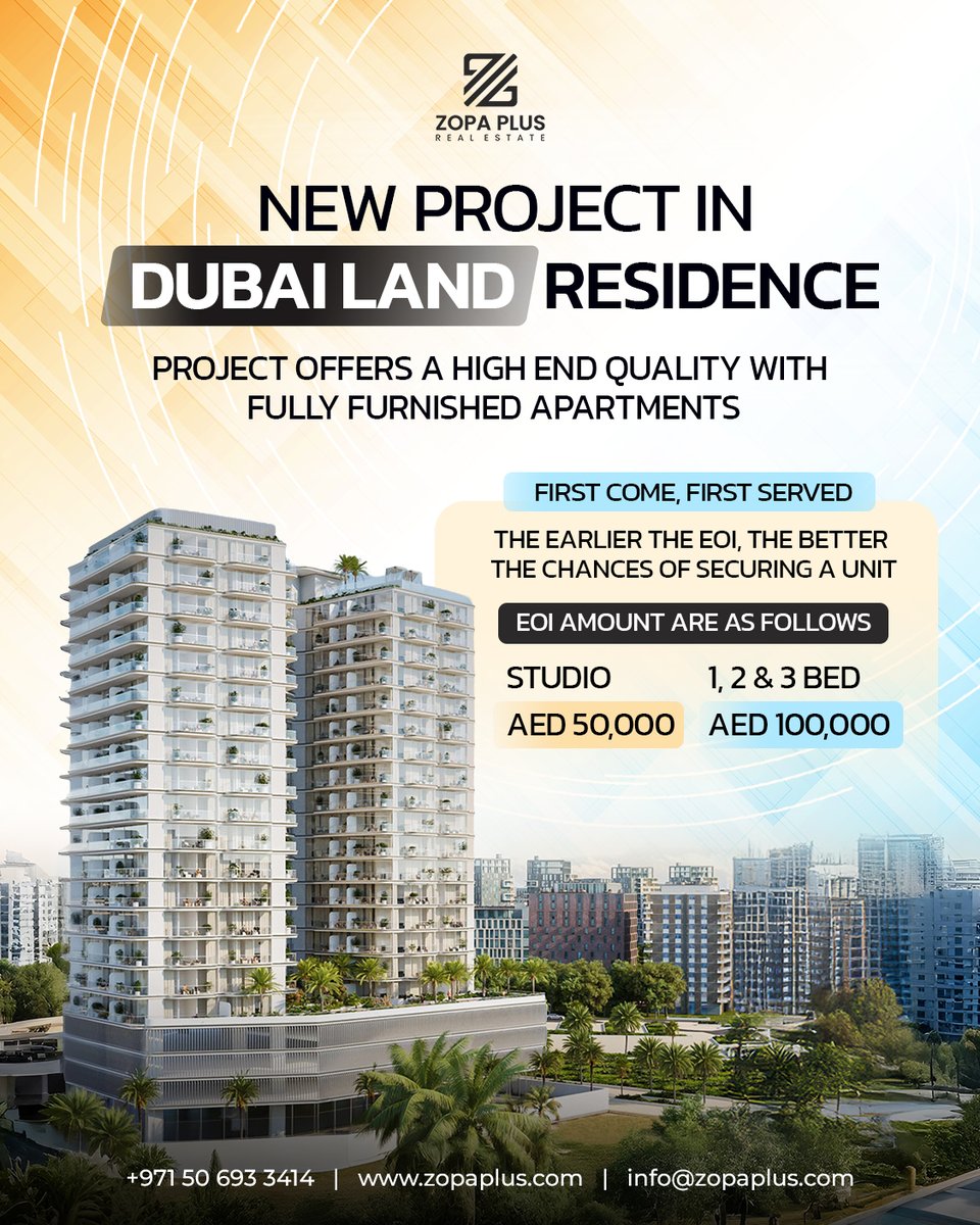 zopaplus's tweet image. Looking for a luxurious, fully furnished apartment in Dubai? 🌆✨
✔️ Fully Furnished Apartments
✔️ Prime Location in Dubai Land Residence
✔️ Flexible Payment Plans: 20% on Booking, 5% every few months
✔️ Affordable EOI starting at just AED 50,000
✔️ First Come, First Served Basis