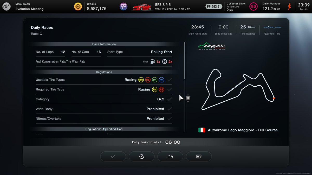 Mistah_MCA's tweet photo. #GT7 #GranTurismo7 New Daily Races
A: Tsukuba Circuit, Amuse S2000
- DR off, SR on

B: Watkins Glen, Gr. 3
- Brake Balance (BB) on

C: Lago Maggiore, Gr. 2 (partial)
- 2016 GT500 cars only (see image 4 for available cars)
- Racing Soft and Medium tires required
- BB on https://t.co/Nhk4jWSr48