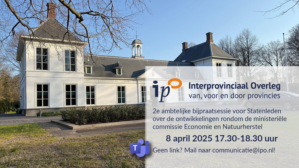 Speciaal voor Statenleden organiseert Het Interprovinciaal Overleg een ambtelijke bijpraatsessie over de Ministeriële Commissie voor Economie en Natuurherstel (MCEN). 8 april van 17.30 - 18.30 uur via Teams. Geen link? Stuur dan een bericht naar communicatie@ipo.nl