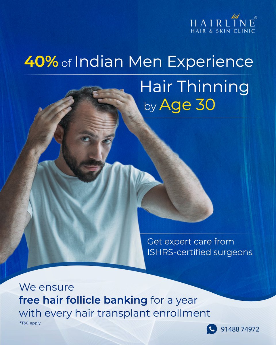By age 30, 4 in 10 Indian men experience visible hair thinning. At Hairline, we offer expert-led hair transplants by ISHRS-certified surgeons, backed by global experience and advanced solutions for healthier hair. For appointments, call or WhatsApp 91488 74972.