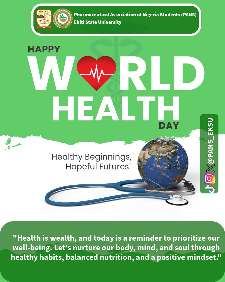 pans_eksu's tweet photo. On World Health Day, let's prioritize health and wellness from the start. Every life deserves a healthy beginning, paving the way for a hopeful future. Let's work together to create a world where everyone can thrive! #WorldHealthDay
#HealthyBeginnings #HopefulFutures https://t.co/uyXqL40VZ5