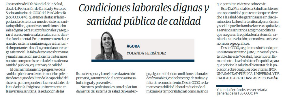 FSS CCOOPV (@sanitat_ccoopv) on Twitter photo Condiciones laborales dignas y una sanidad pública de calidad en el #DíaMundialDeLaSalud
📰Artículo de opinión de <a href="/yolandaferrand6/">yolanda_ferrandez</a> en <a href="/levante_emv/">Levante-EMV</a>
levante-emv.com/opinion/2025/0… Condiciones laborales dignas y una sanidad pública de calidad en el #DíaMundialDeLaSalud
📰Artículo de opinión de <a href="/yolandaferrand6/">yolanda_ferrandez</a> en <a href="/levante_emv/">Levante-EMV</a>
levante-emv.com/opinion/2025/0…