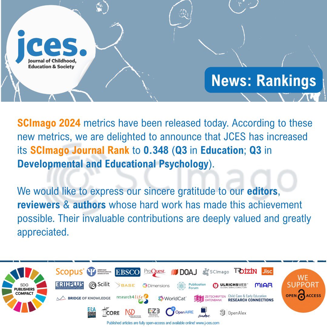 [News] <a href="/scimago/">SCImago</a> 2024 metrics have been released today. According to these new metrics, we are delighted to announce that <a href="/journal_CES/">J Childhood, Education & Society</a> has increased its <a href="/ScimagoJR/">SCImago Journal & Country Ranking</a> to 348 (Q3 in Education; Q3 in Developmental and Educational Psychology).

#children #childhood #education #society