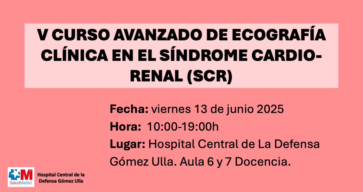 V Curso Avanzado de Ecografía Clínica en el Síndrome Cardio - Renal 🏥
Una formación muy interesante 🩺
🗓️ 13 de junio
🕙 10:00 a 19:00
📍 Hospital Central de la Defensa Gómez Ulla
Inscripción gratuita 👇
#SOMANE #Nefrología
somane.org/posts/post/v-c…