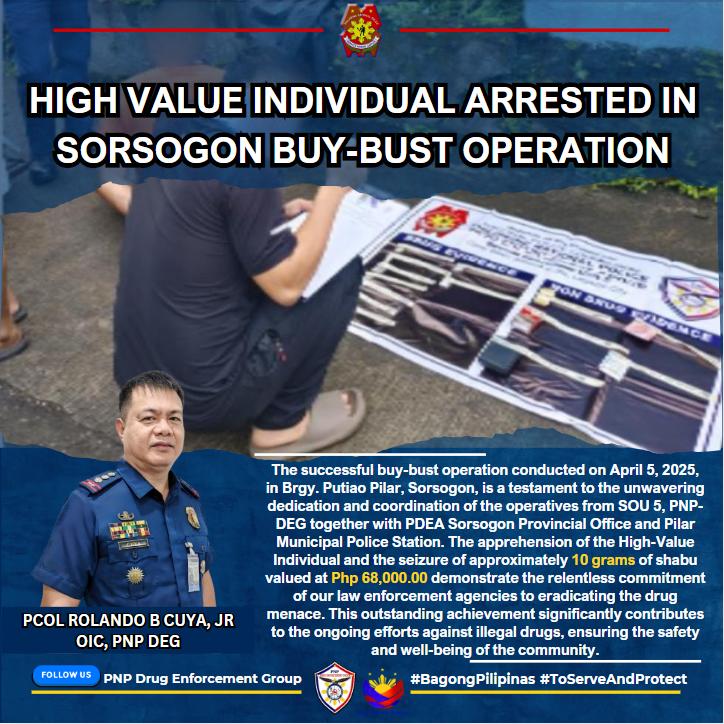 PNP_DEG's tweet photo. 𝐏𝐫𝐞𝐬𝐬 𝐑𝐞𝐥𝐞𝐚𝐬𝐞 || 𝐀𝐩𝐫𝐢𝐥 𝟕, 𝟐𝟎𝟐𝟓

𝐇𝐈𝐆𝐇 𝐕𝐀𝐋𝐔𝐄 𝐈𝐍𝐃𝐈𝐕𝐈𝐃𝐔𝐀𝐋 𝐀𝐑𝐑𝐄𝐒𝐓𝐄𝐃 𝐈𝐍 𝐒𝐎𝐑𝐒𝐎𝐆𝐎𝐍 𝐁𝐔𝐘-𝐁𝐔𝐒𝐓 𝐎𝐏𝐄𝐑𝐀𝐓𝐈𝐎𝐍

Read more: https://t.co/tPzxgesO9p

#SaBagongPilipinasAngGustongPulisLigtasKa
#ToServeandProtect https://t.co/iN0ldHWwgO