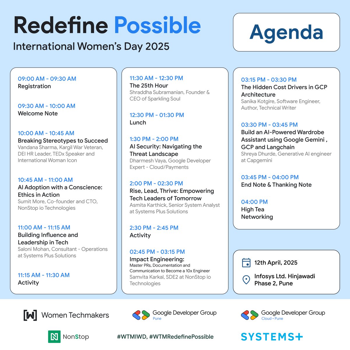 Our agenda is now live packed with sessions that spark innovation, challenge norms, and fuel ambition. 🗓

📅 12th April 2025📍 Infosys Ltd, Rajiv Gandhi Infotech Park, Hinjewadi Phase 2, Pune
🔗 Register now:tinyurl.com/Gdgpune
#RedefinePossible #GDGPune #WTMIWD2025