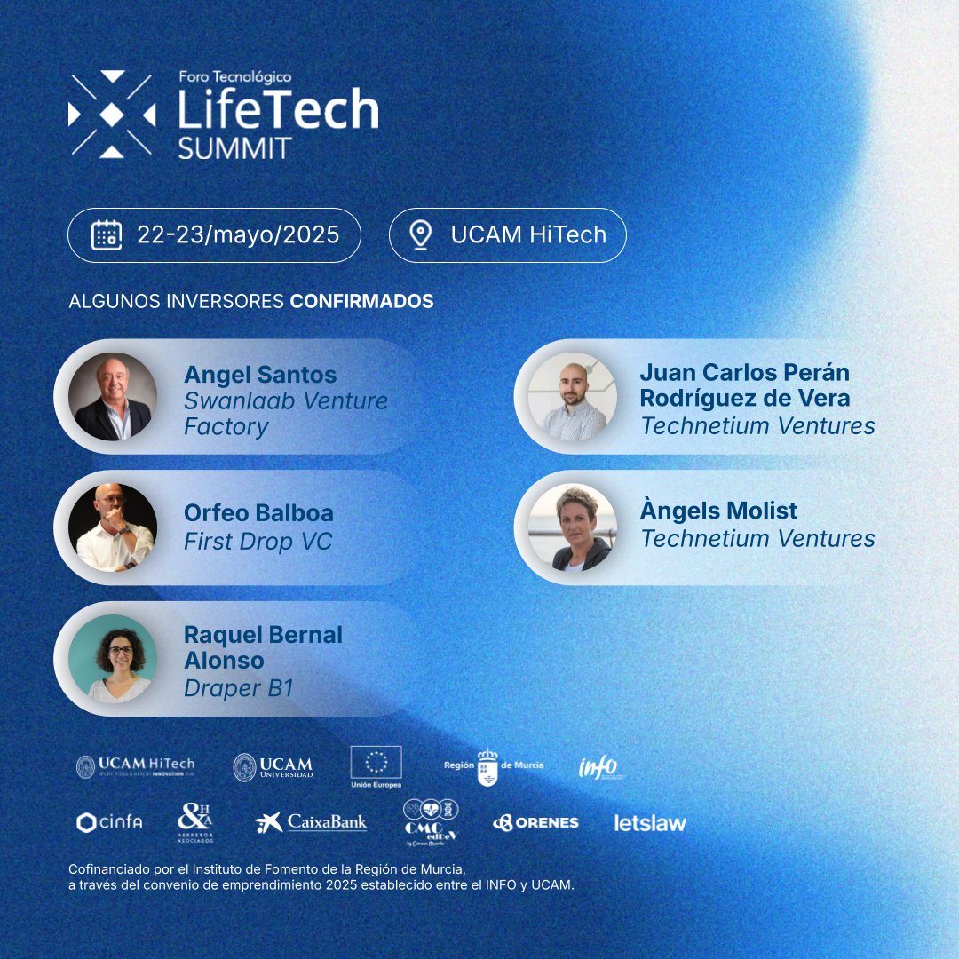 🚀 ¡Nuevos inversores confirmados para el LifeTech Summit 2025!
El 22 y 23 de mayo, UCAM HiTech reunirá a algunos de los principales inversores especializados en salud, alimentación y deporte. Una oportunidad única para startups del sector que buscan financiación y asesoramiento
