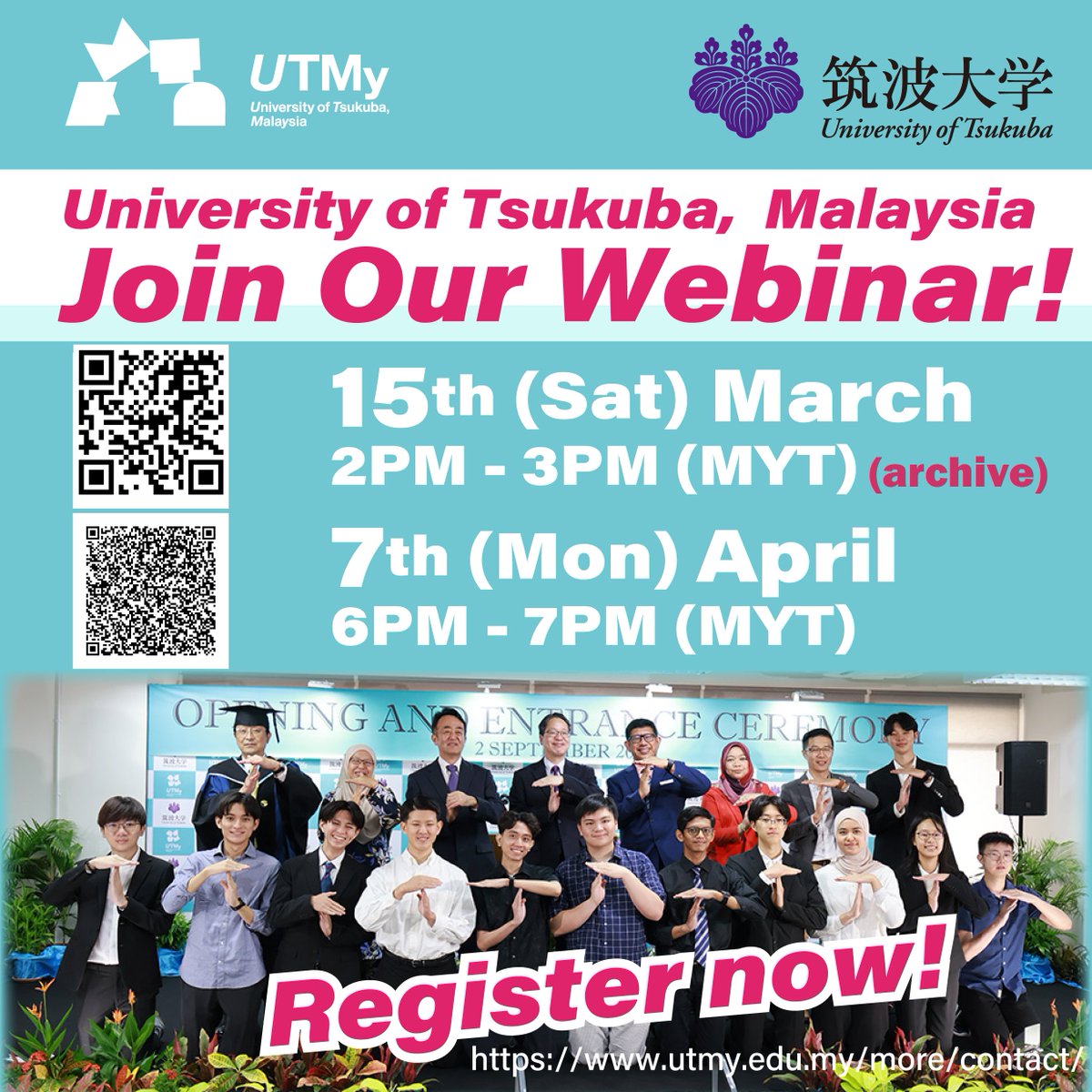 UTMy_PR's tweet photo. UTMy has decided to extend the application period for the Aptitude-based Scheme!
New Deadline:
5PM, Wednesday, 23 April 2025.
Apply online:
https://t.co/l2z77lrqSB
Webinar registration:
https://t.co/hgxcmq4sAp
#utmy #universityoftsukubamalaysia #筑波大学マレーシア校 https://t.co/lFojccntRw