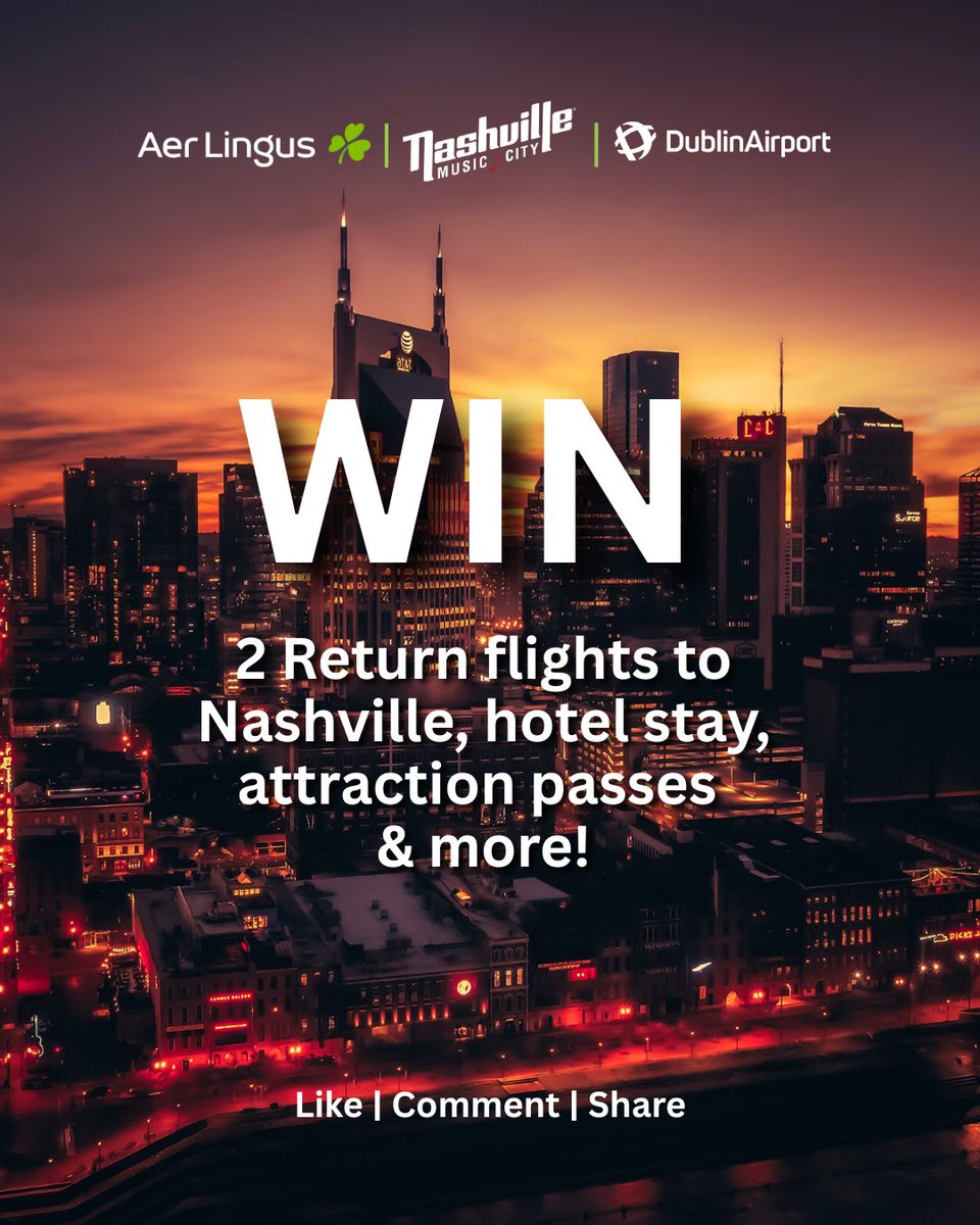 Dublin Airport (@dublinairport) on Twitter photo 🎸 WIN a trip for 2 to Nashville with <a href="/visitmusiccity/">Nashville Tennessee</a>, <a href="/AerLingus/">Aer Lingus</a> & <a href="/DublinAirport/">Dublin Airport</a> ! 🎶
We’re celebrating the new direct route with flights, hotel, parking, and passes to iconic Nashville experiences!
To enter:
❤️ Like
💬 Tag
🔁 Repost 🎸 WIN a trip for 2 to Nashville with <a href="/visitmusiccity/">Nashville Tennessee</a>, <a href="/AerLingus/">Aer Lingus</a> & <a href="/DublinAirport/">Dublin Airport</a> ! 🎶
We’re celebrating the new direct route with flights, hotel, parking, and passes to iconic Nashville experiences!
To enter:
❤️ Like
💬 Tag
🔁 Repost