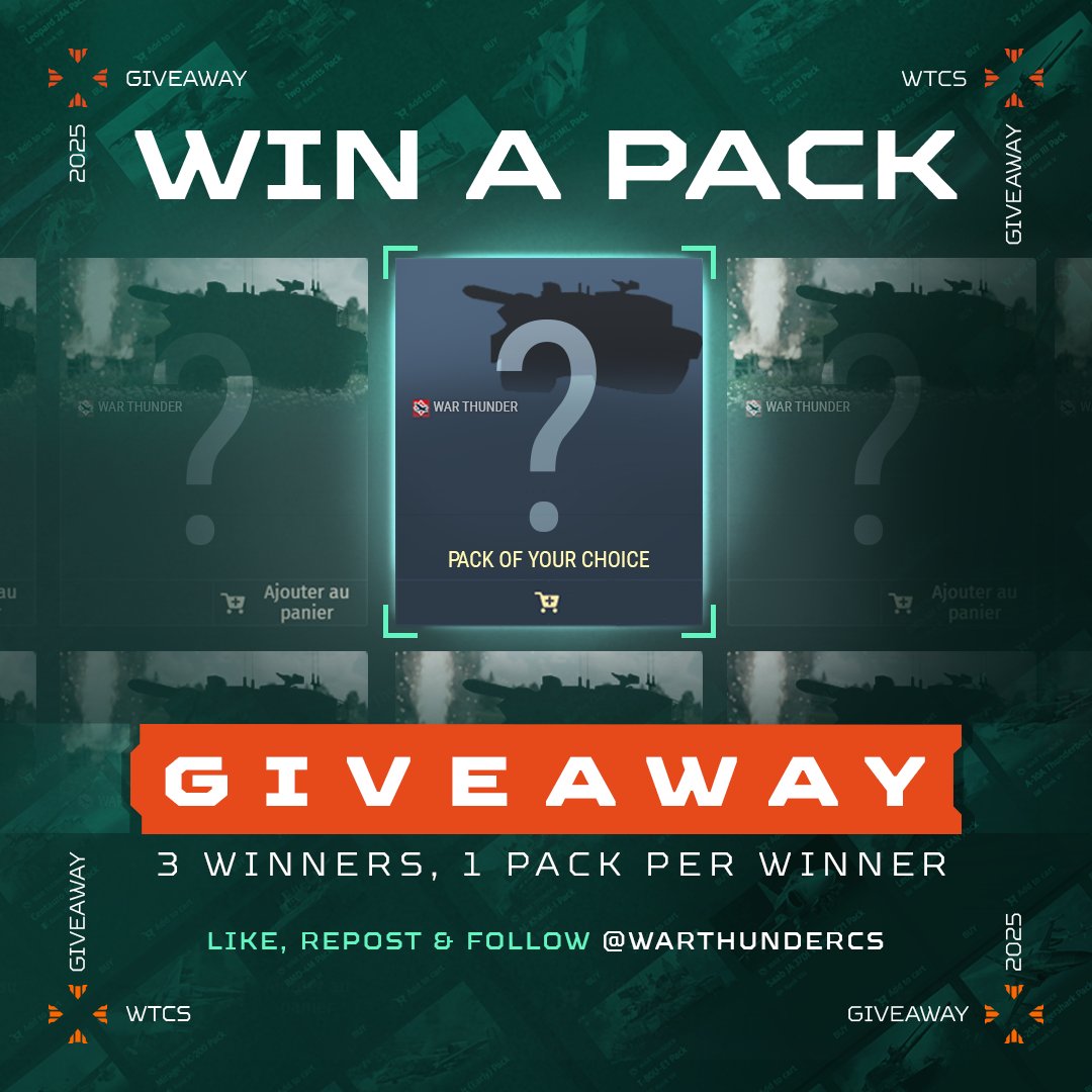War Thunder Championship Series (@warthundercs) on Twitter photo 🎁WAR THUNDER GIVEAWAY ALERT🎁
You want a chance to win 1 vehicle pack of your choice ? Why not 3!
In order to participate :
❤️Like this post
🔁Retweet
✅Follow <a href="/WarThunderCS/">War Thunder Championship Series</a>
📅Winner will be contacted in DMs and announced in this post comments on April 17.
Good luck🔥! #WTCS 🎁WAR THUNDER GIVEAWAY ALERT🎁
You want a chance to win 1 vehicle pack of your choice ? Why not 3!
In order to participate :
❤️Like this post
🔁Retweet
✅Follow <a href="/WarThunderCS/">War Thunder Championship Series</a>
📅Winner will be contacted in DMs and announced in this post comments on April 17.
Good luck🔥! #WTCS