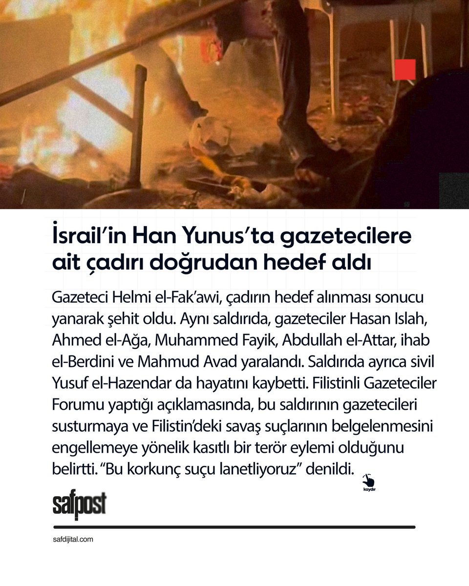 Safdijitalcom's tweet photo. 🚨İ*rail, Gazze’nin Han Yunus kentindeki Nasır Hastanesi yakınında, gazetecilerin kaldığı çadırlara saldırı düzenledi.
➖ Saldırıda bir gazeteci yanarak hayatını kaybederken çok sayıda gazeteci yaralandı. https://t.co/Sdzy8on39e