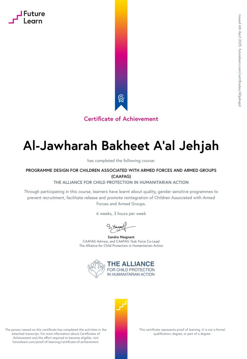 aaaljehjah's tweet photo. #الجودة في برامج #حماية_الأطفال في #النزاع_المسلح
#القانون_الدولي_الإنساني
#Qualit
#Child_protection
#Armed_conflect
#IHL
@CPiE_Global @FutureLearn @SCIHL_SA
So proud to get my certificate for Programme Design for Children Associated with Armed Forces and Armed Groups (CAAFAG) on
https://t.co/199xhDhKYC