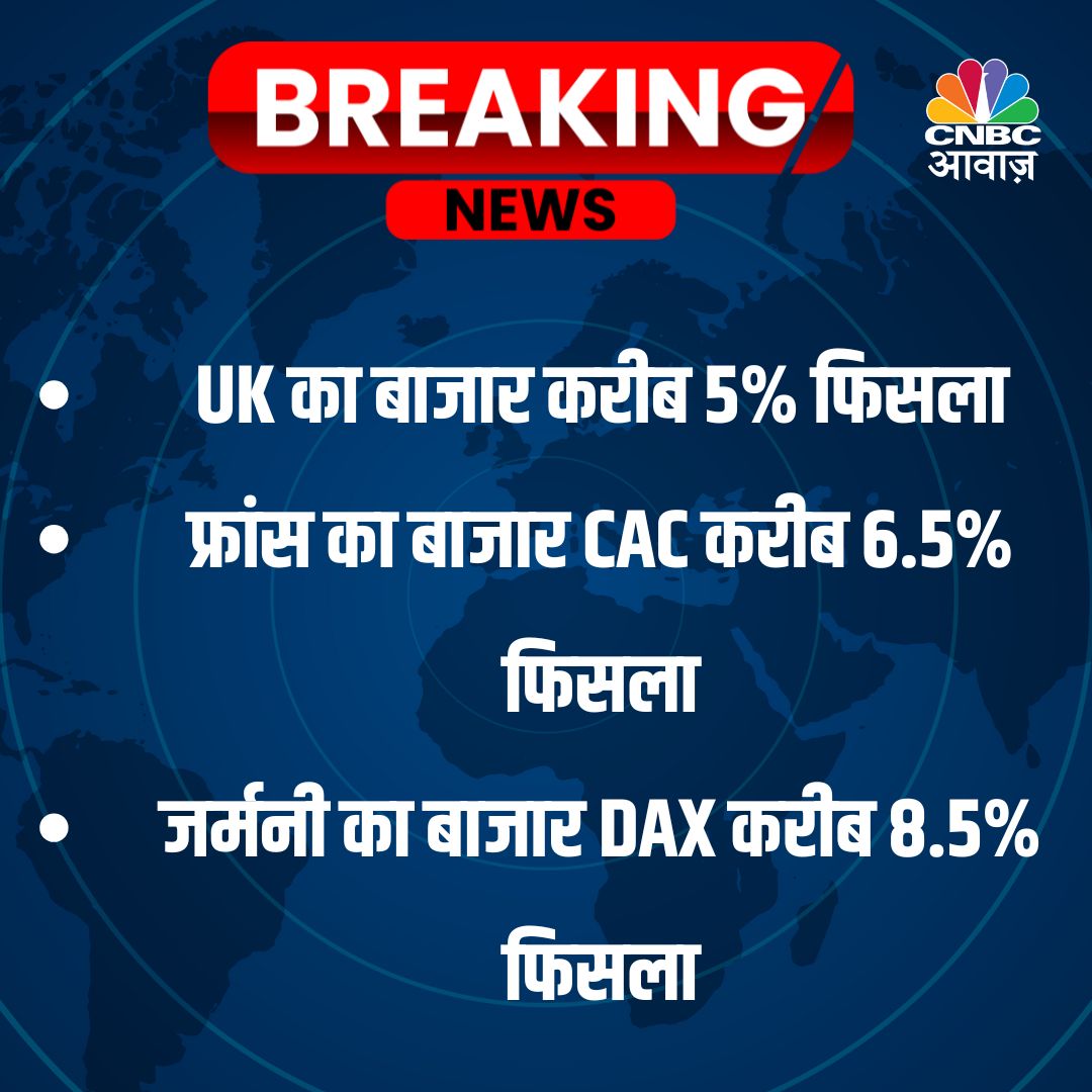 CNBC_Awaaz's tweet image. #BreakingNews | UK का बाजार करीब 5% फिसला

फ्रांस का बाजार CAC करीब 6.5% फिसला

जर्मनी का बाजार DAX करीब 8.5% फिसला

#StockMarketCrash #EuropeanMarkets
#MarketNews #GlobalMarkets #FinancialNews #StockMarketUpdate
#EconomicCrisis