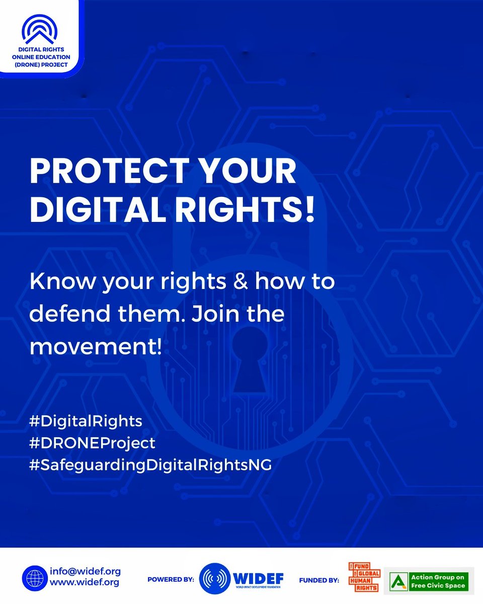 wideflive's tweet image. Protect Your Digital Rights! 

Know your rights &amp;amp; how to defend them.

Join the movement! 

#DigitalRights 
#DRONEProject #SafeguardingDigitalRightsNG