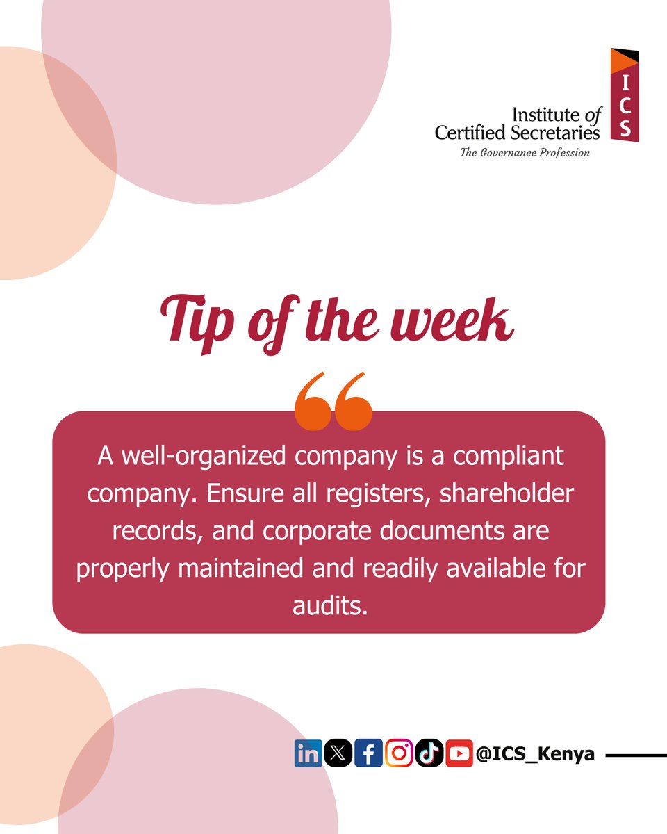 ICS_Kenya's tweet image. 𝐓𝐢𝐩 𝐨𝐟 𝐭𝐡𝐞 𝐖𝐞𝐞𝐤

Good governance starts with good record-keeping!

#ICS_Kenya #TipOfTheWeek