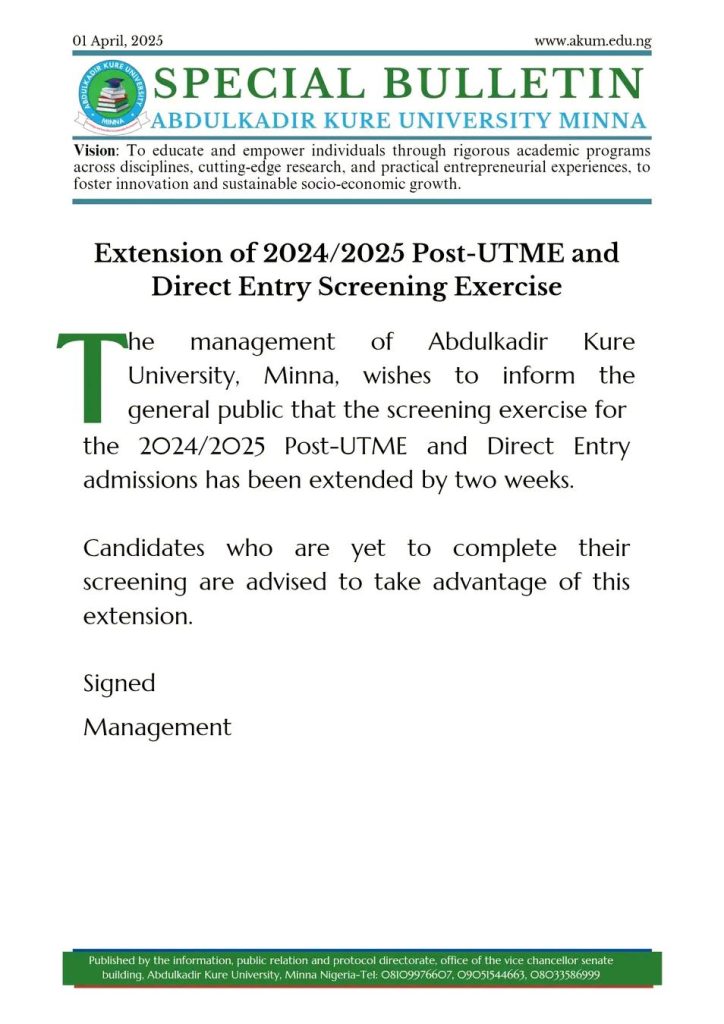 edutalk_hub's tweet image. 📌ABDULKADIR KURE UNIVERSITY MINNA (AKUM) EXTENDS POST-UTME/DIRECT ENTRY APPLICATION DEADLINE FOR THE 2024/2025 ACADEMIC SESSION

#university #postutme #directentry #adimisson #edutalk_hub