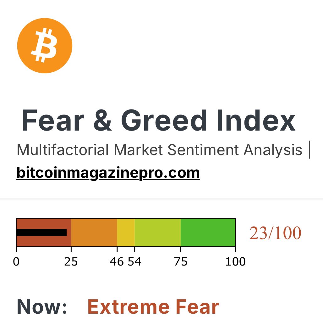 JUST IN: The #Bitcoin Fear and Greed Index is now back at "Extreme Fear" 👀 

HODL ✊