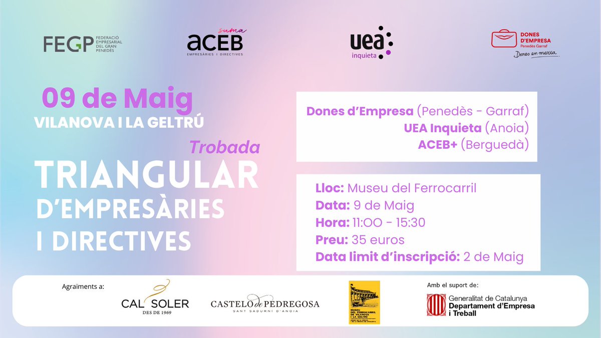 🕑Recordatori de la informació de la propera trobada de la Triangular!
📍El proper 9 de maig a les 11h al Museu del Ferrocarril a Vilanova i la Geltrú.   

T'esperem! 
👉bit.ly/Triangular2025

#emprenedores #fegp #donesdempresa #talent #networking #Garraf