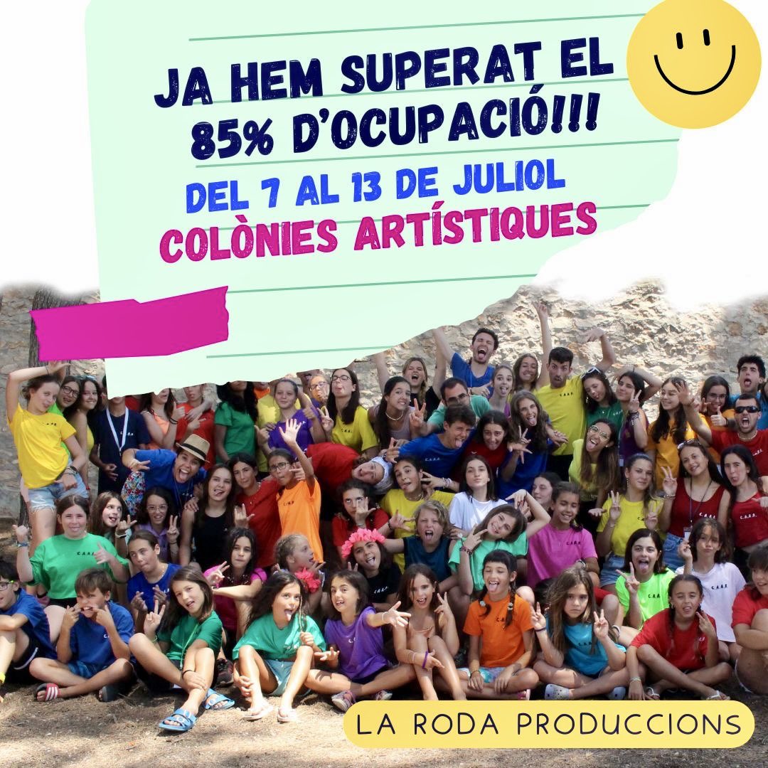 📣 ATENCIÓ, FAMÍLIES!
Ja hem superat el 8️⃣5️⃣ % d’ocupació.

🎭 Colònies Artístiques 
📆 Del 7 al 13 de juliol
📍 Cal Mata, Saifores 

INSCRIPCIONS OBERTES (places limitades, per ordre d’inscripció). 

#colòniesartístiques #colòniesteatre  #colòniesmusicals #colònies #estiu2025