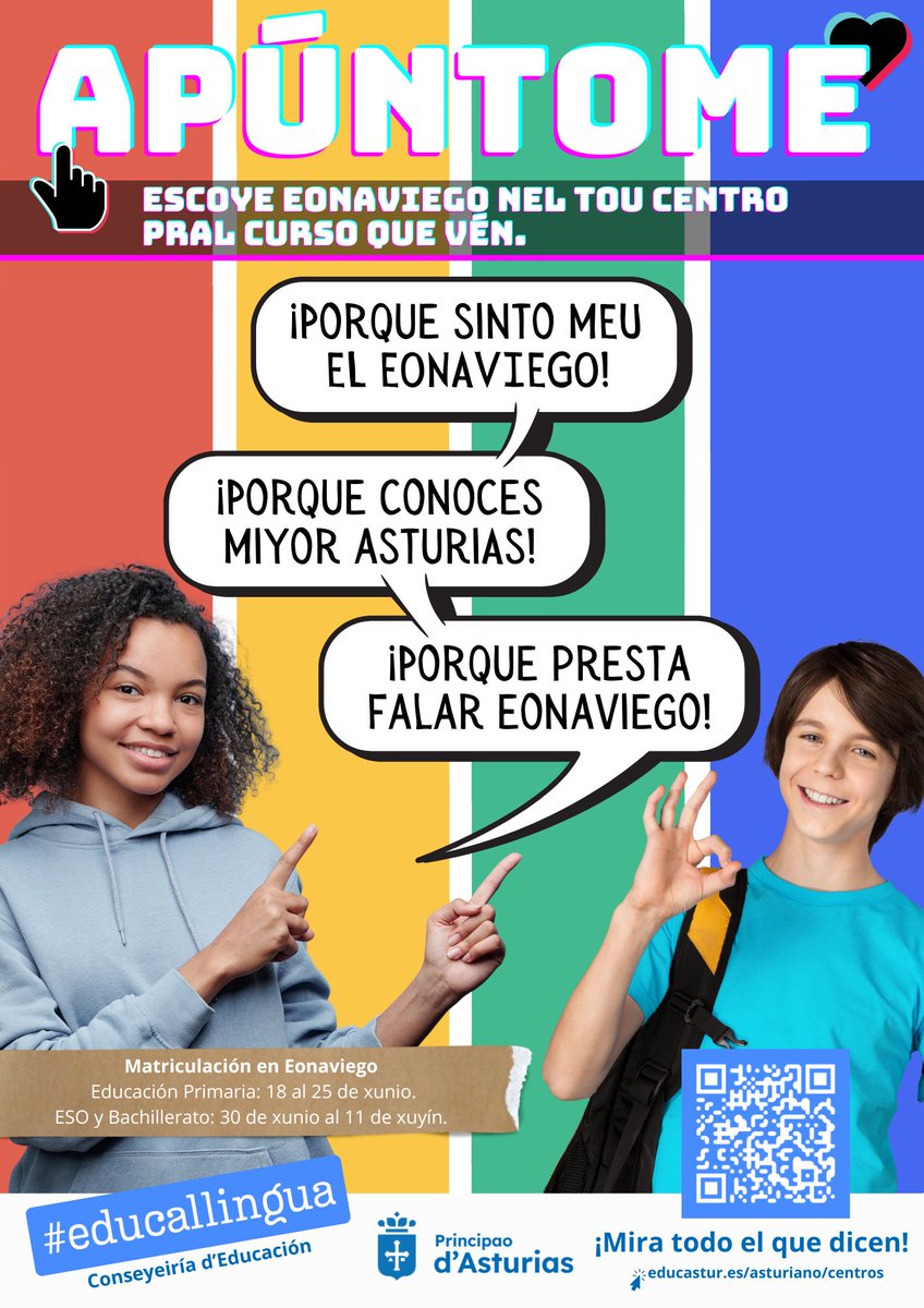 Educastur's tweet photo. 👅La consejería inicia hoy otra campaña para incentivar la matriculación para el próximo curso del alumnado de Primaria, Secundaria y Bachillerato en lengua asturiana y eonaviego en centros sostenidos con fondos públicos

🧷 https://t.co/LsKWS4b1WW

🧷 https://t.co/OGvLccBiFq https://t.co/kI1nfVY4tl