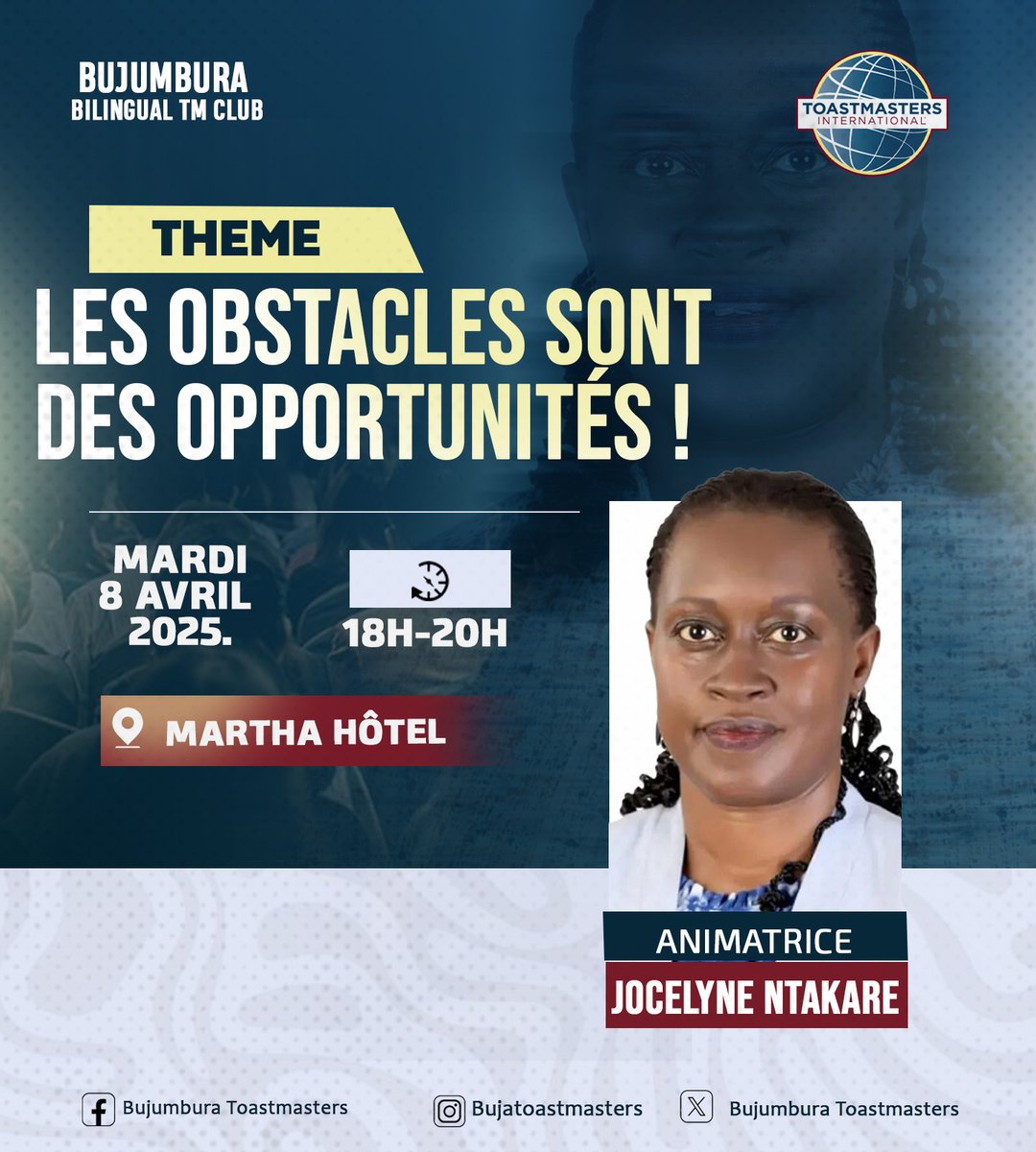 Que faites vous  devant l'obstacle sur votre route? Rebrousser chemin,  se plaindre, où tenter de l'ôter?
Derrière chaque obstacle se cache une chance d'améliorer notre condition. Vous êtes invités à participer à cette soirée ou nous parlerons des obstacles et leurs faces cachées