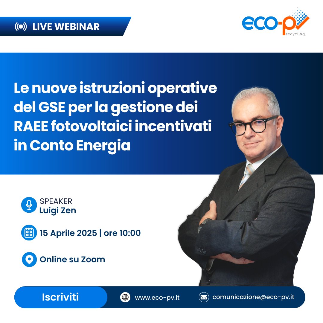 🖥️ Webinar Eco-PV: scopri le novità delle ultime istruzioni operative del <a href="/GSErinnovabili/">GSE</a> sulla gestione dei #RAEE fotovoltaici

🗓️ Data e Ora: 15 aprile 2025 alle ore 10:00
🗣️ Relatore: Luigi Zen, Direttore Tecnico di Eco-PV
💻 Modalità: online su Zoom | partecipazione gratuita