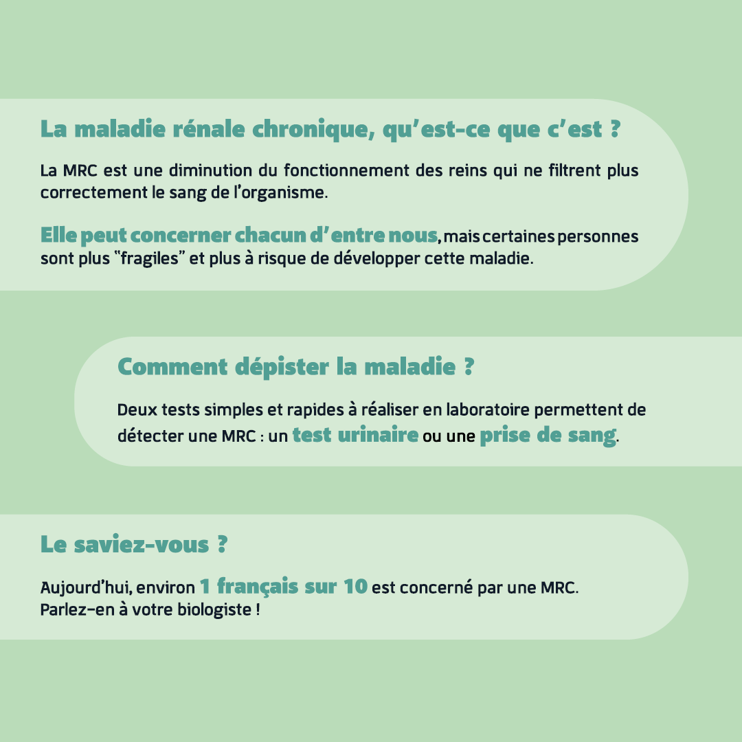 Maladie Rénale Chronique : quand les reins souffrent en silence...

 En France, des millions de personnes souffrent d’une Maladie Rénale Chronique (MRC) sans le savoir. Pourquoi ? Parce que cette maladie évolue discrètement, sans symptômes visibles au début.