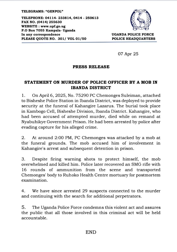 Uganda Police Force (@policeug) on Twitter photo . <a href="/mkituuma/">Kituuma Rusoke</a> "We have since arrested 29 suspects connected to the murder and continuing with the search for additional perpetrators.
The Uganda Police Force condemns this violent act and assures the public that all those involved in this criminal act will be held accountable. . <a href="/mkituuma/">Kituuma Rusoke</a> "We have since arrested 29 suspects connected to the murder and continuing with the search for additional perpetrators.
The Uganda Police Force condemns this violent act and assures the public that all those involved in this criminal act will be held accountable.
