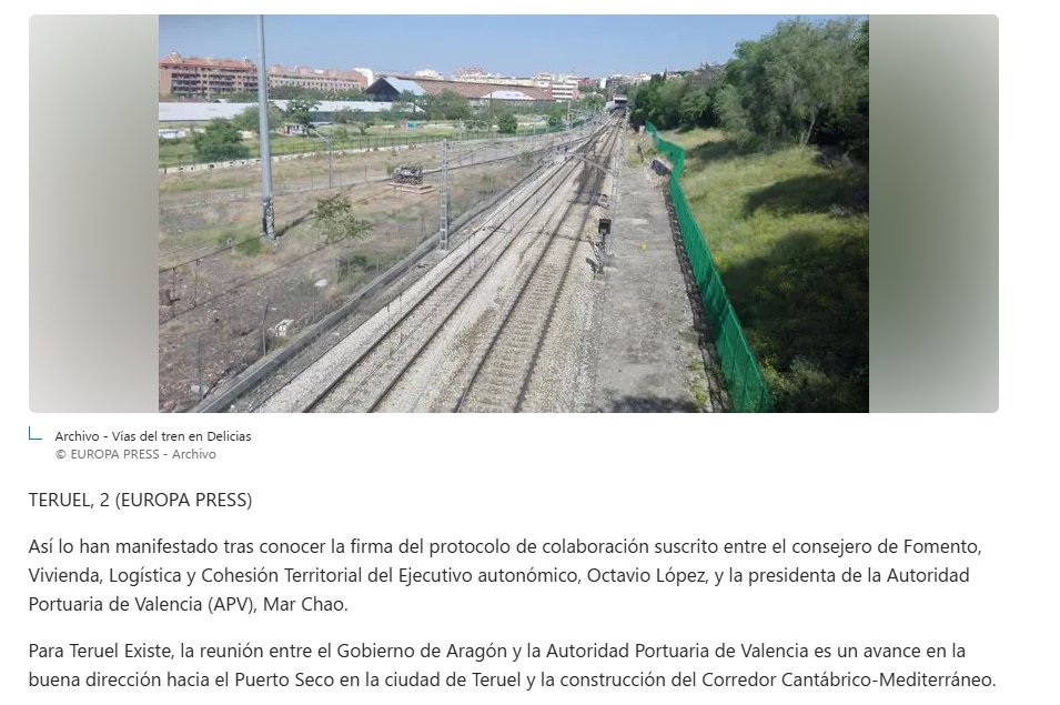 #teruelexiste pide al Gobierno de Aragón que presione al central para impulsar el #Corredor Cantábrico-Mediterráneo
No nos conformaremos con menos de DOBLE vía, electrificada, mixta (pasajeros y mercancías). Es lo que prometieron cuando nos sacaron del AVE
msn.com/es-es/noticias…